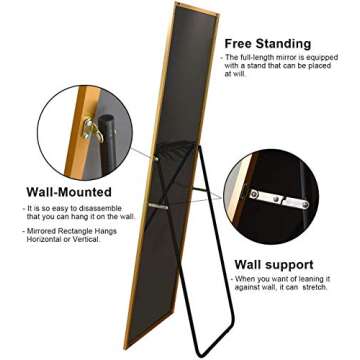 TinyTimes 65"×22" Full Length Mirror, Floor Mirror with Stand, Full Body Tall Mirror, Freestanding or Wall-Mounted, Brushed Thin Frame, for Bedroom, Liveing Room- Gold
