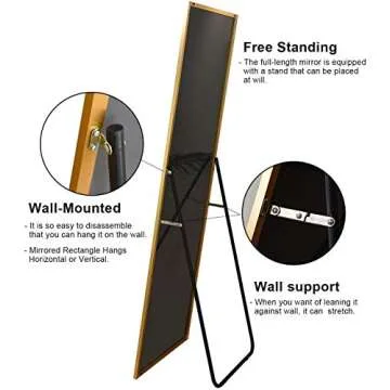 TinyTimes 65"×22" Full Length Mirror, Floor Mirror with Stand, Full Body Tall Mirror, Freestanding or Wall-Mounted, Brushed Thin Frame, for Bedroom, Liveing Room- Gold