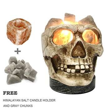 3D White Gray Grey Black Himalayan Salt Lamp Lights, Tatoo Halloween Skull Carved Statue Lamp Night Light with Himalayan Gray White Salt Chunks, Dimmer Switch Control with 1 Salt Candle Holder