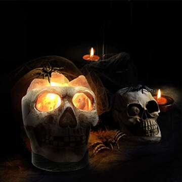 3D White Gray Grey Black Himalayan Salt Lamp Lights, Tatoo Halloween Skull Carved Statue Lamp Night Light with Himalayan Gray White Salt Chunks, Dimmer Switch Control with 1 Salt Candle Holder