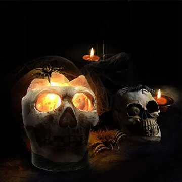 3D White Gray Grey Black Himalayan Salt Lamp Lights, Tatoo Halloween Skull Carved Statue Lamp Night Light with Himalayan Gray White Salt Chunks, Dimmer Switch Control with 1 Salt Candle Holder