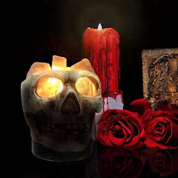 3D White Gray Grey Black Himalayan Salt Lamp Lights, Tatoo Halloween Skull Carved Statue Lamp Night Light with Himalayan Gray White Salt Chunks, Dimmer Switch Control with 1 Salt Candle Holder