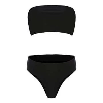 Misassy Womens Sexy High Waisted Bikini 2 Piece Bandeau Swimsuit Top Cheeky Bottoms Set,Black,Small