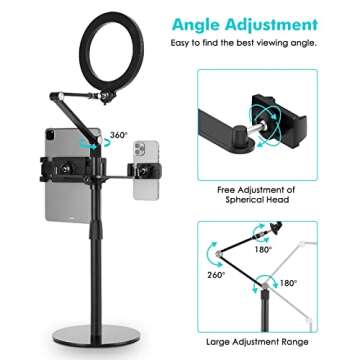 viozon 3-in-1 Selfie Desktop Live Stand, Height Adjustable/Overhead, 8" LED Ring Light, Compatible with 3.5-13" Tablet& Phone, Suitable for YouTube/Tiktok/Recording/Streaming/Online Meeting-B