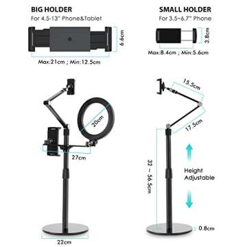viozon 3-in-1 Selfie Desktop Live Stand, Height Adjustable/Overhead, 8" LED Ring Light, Compatible with 3.5-13" Tablet& Phone, Suitable for YouTube/Tiktok/Recording/Streaming/Online Meeting-B