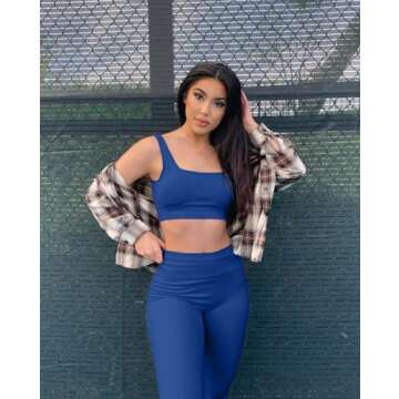 OQQ Women's 2 Piece Yoga Leggings Ribbed Seamless Workout High Waist Athletic Pants Black Darkblue