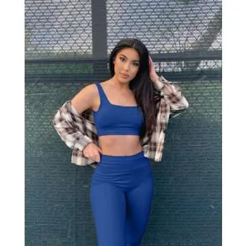 OQQ Women's 2 Piece Yoga Leggings Ribbed Seamless Workout High Waist Athletic Pants Black Darkblue