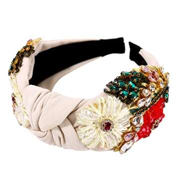 ZITULRY Rhinestone Headband For Women Statement Crystal Knotted Turban Hairband Handmade Beaded Embroidered Flower Hair Hoop Elastic Fancy Wide Hair Accessories for Girls Jewelry Gift, White