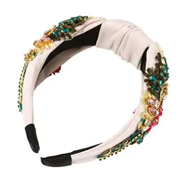 ZITULRY Rhinestone Headband For Women Statement Crystal Knotted Turban Hairband Handmade Beaded Embroidered Flower Hair Hoop Elastic Fancy Wide Hair Accessories for Girls Jewelry Gift, White