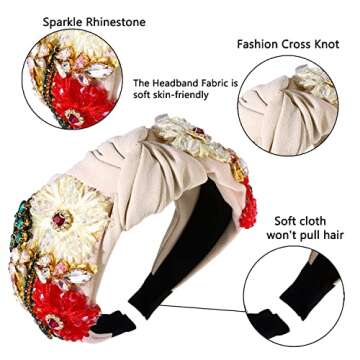 ZITULRY Rhinestone Headband For Women Statement Crystal Knotted Turban Hairband Handmade Beaded Embroidered Flower Hair Hoop Elastic Fancy Wide Hair Accessories for Girls Jewelry Gift, White