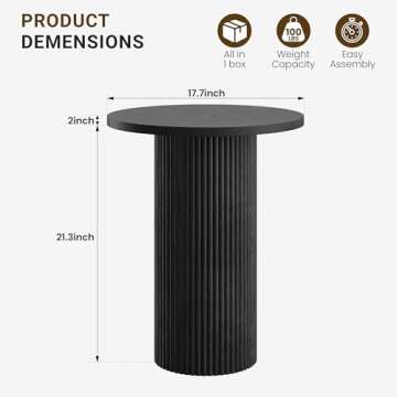 Apicizon 17.7'' Round Fluted Side Table，Pedestal End Table with Fluted Base Design, Modern Small Round Accent Table for Living Room, Bedroom, Entryway, Circle Nightstands, Wood Drink Table, Black