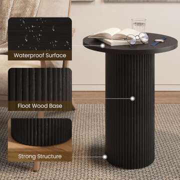 Apicizon 17.7'' Round Fluted Side Table，Pedestal End Table with Fluted Base Design, Modern Small Round Accent Table for Living Room, Bedroom, Entryway, Circle Nightstands, Wood Drink Table, Black