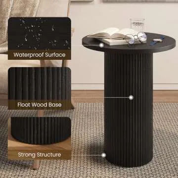 Apicizon 17.7'' Round Fluted Side Table，Pedestal End Table with Fluted Base Design, Modern Small Round Accent Table for Living Room, Bedroom, Entryway, Circle Nightstands, Wood Drink Table, Black