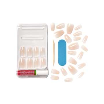 KISS Bare but Better, Press-On Nails, Nail glue included, 'Embrace It', Light Nude, Medium Size, Coffin Shape, Includes 28 Nails, 2G Glue, 1 Manicure Stick, 1 Mini File