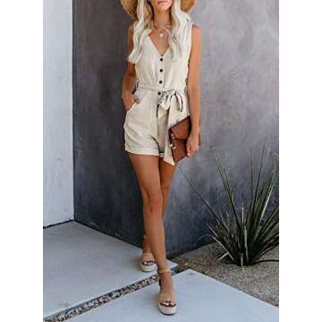 Acelitt Women's Summer Casual V Neck Sleeveless Button Down Tie Waist Rompers Short Jumpsuit Beige XS