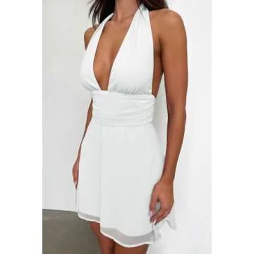 GOKATOSAU Women's Halter Deep V Neck Flowy Chiffon Bow Tie Backless Summer Mini Dress White