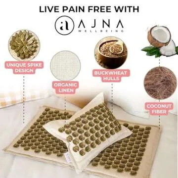 Ajna Acupressure Mat and Pillow Set - Natural Organic Linen Cotton Acupuncture Mat & Bag - Back Pain Relief, Neck Pain Relief, Stress Reliever, Reflexology, Sciatica, Trigger Point Therapy - Eco Luxe