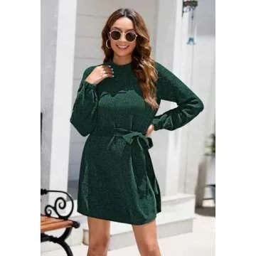 HAPCOPE Women's 2024 Fall Winter Christmas Sweater Dress Mock Neck Long Sleeve Belted Short Dresses Deep Green S