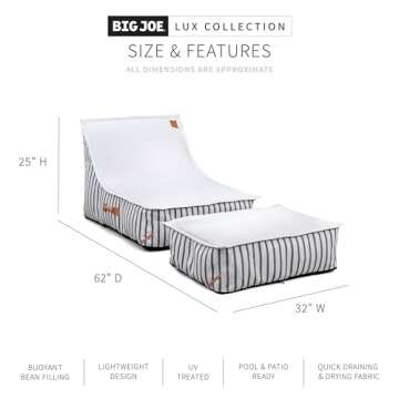 Big Joe Lux Sealander Pool Float and Patio Chair, Black and White Cape Stripe, Premier Mesh, Durable UV Protected Polyester Blend, No Inflation Needed