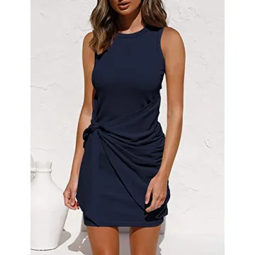 BTFBM Women's 2025 Summer T Shirt Dress Casual Sleeveless Wrap Bodycon Ruched T Shirt Spring Dress Tie Waist Mini Dresses(Sleeveless Navy, Medium)