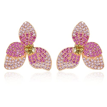 Frwiskp Pink Flower Stud Earrings, Created Pink Sapphire Earrings, cubic zircon Flora Earrings, 18K Gold Plated 925 Sterling Silver posts, Hypoallergenic Jewelry, Gifts for Women