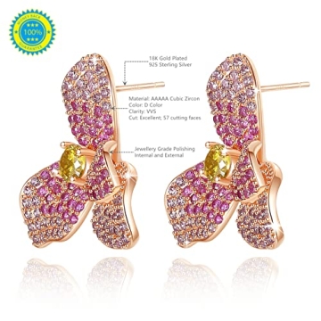 Frwiskp Pink Flower Stud Earrings, Created Pink Sapphire Earrings, cubic zircon Flora Earrings, 18K Gold Plated 925 Sterling Silver posts, Hypoallergenic Jewelry, Gifts for Women