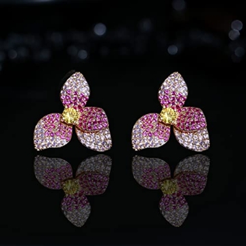 Frwiskp Pink Flower Stud Earrings, Created Pink Sapphire Earrings, cubic zircon Flora Earrings, 18K Gold Plated 925 Sterling Silver posts, Hypoallergenic Jewelry, Gifts for Women
