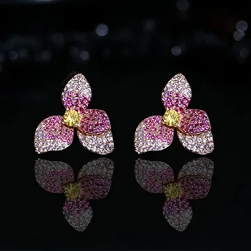 Frwiskp Pink Flower Stud Earrings, Created Pink Sapphire Earrings, cubic zircon Flora Earrings, 18K Gold Plated 925 Sterling Silver posts, Hypoallergenic Jewelry, Gifts for Women