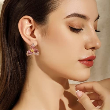 Frwiskp Pink Flower Stud Earrings, Created Pink Sapphire Earrings, cubic zircon Flora Earrings, 18K Gold Plated 925 Sterling Silver posts, Hypoallergenic Jewelry, Gifts for Women