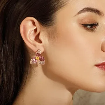 Frwiskp Pink Flower Stud Earrings, Created Pink Sapphire Earrings, cubic zircon Flora Earrings, 18K Gold Plated 925 Sterling Silver posts, Hypoallergenic Jewelry, Gifts for Women