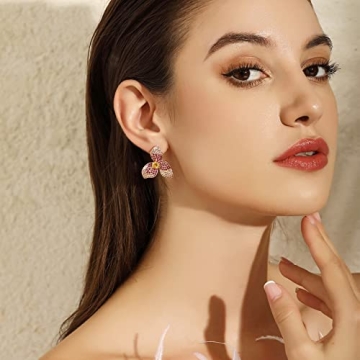 Frwiskp Pink Flower Stud Earrings, Created Pink Sapphire Earrings, cubic zircon Flora Earrings, 18K Gold Plated 925 Sterling Silver posts, Hypoallergenic Jewelry, Gifts for Women