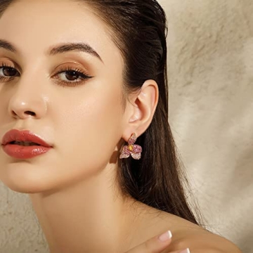 Frwiskp Pink Flower Stud Earrings, Created Pink Sapphire Earrings, cubic zircon Flora Earrings, 18K Gold Plated 925 Sterling Silver posts, Hypoallergenic Jewelry, Gifts for Women