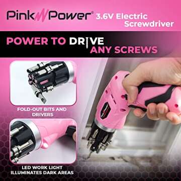 Pink Power Cordless Electric Screwdriver Set for Women