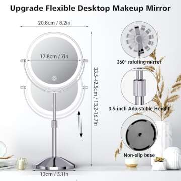 ESWU 7in Lighted Makeup Mirror, 1X/10X Magnifying Double Sided Mirror, 360° Swivel Light up Mirror with 3 Color Lights, Adjustable Brightness & Height Rechargeable LED Vanity Mirror, Silver