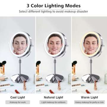 ESWU 7in Lighted Makeup Mirror, 1X/10X Magnifying Double Sided Mirror, 360° Swivel Light up Mirror with 3 Color Lights, Adjustable Brightness & Height Rechargeable LED Vanity Mirror, Silver