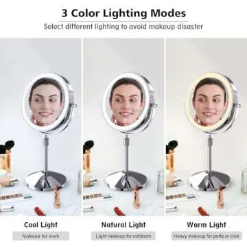 ESWU 7in Lighted Makeup Mirror, 1X/10X Magnifying Double Sided Mirror, 360° Swivel Light up Mirror with 3 Color Lights, Adjustable Brightness & Height Rechargeable LED Vanity Mirror, Silver