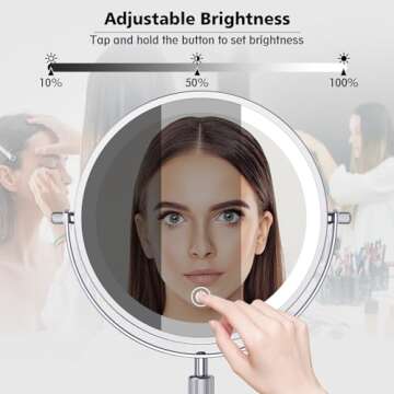 ESWU 7in Lighted Makeup Mirror, 1X/10X Magnifying Double Sided Mirror, 360° Swivel Light up Mirror with 3 Color Lights, Adjustable Brightness & Height Rechargeable LED Vanity Mirror, Silver