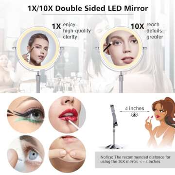 ESWU 7in Lighted Makeup Mirror, 1X/10X Magnifying Double Sided Mirror, 360° Swivel Light up Mirror with 3 Color Lights, Adjustable Brightness & Height Rechargeable LED Vanity Mirror, Silver