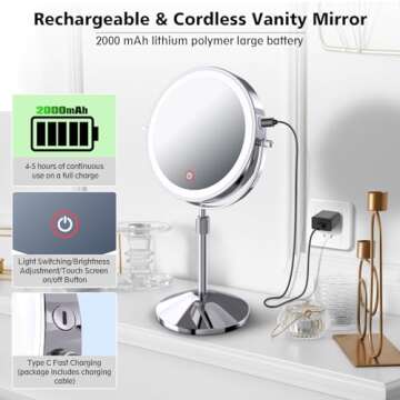 ESWU 7in Lighted Makeup Mirror, 1X/10X Magnifying Double Sided Mirror, 360° Swivel Light up Mirror with 3 Color Lights, Adjustable Brightness & Height Rechargeable LED Vanity Mirror, Silver