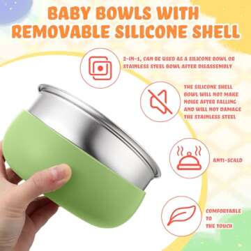 Nuogo 4 Pcs 304 Stainless Steel Baby Bowls with Removable Silicone Shell Toddler Bowls Kids Bowls Anti Scald Snack Container for Food Feeding, Dishwasher Safe (Classic Color)