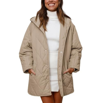 Fisoew Womens Oversized Quilted Jackets Casual Hooded Coat Loose Fit Winter Coats with Pockets