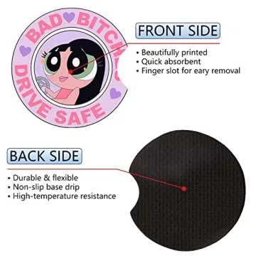 Jupswan Car Cupholder Coaster Absorbent 2 Pack Cute Cartoon Girl Design Rubber New Automotive Cup Holder Decal Decor Accessories for Women Men DZ290