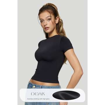 OEAK Womens T-Shirts Short Sleeve Shirts Crew Neck Basic Tees Soft Smoothing Seamless Tshirts Slim Fit Going Out Trendy Tops