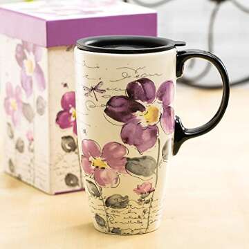 Topadorn Tall Ceramic Travel Mug 17 oz. Coffee Cups Sealed Lid With Color Box (Purple Flower)