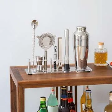 Btuqbu Cocktail Shaker Set with Arcylic Stand, Mixology Bartender Kit for Drink Mixing | Mixology Set with 7 Bar Set Tools Cocktail Kit (Silver)