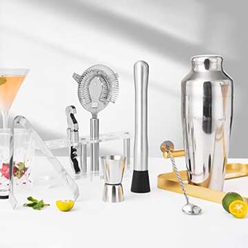 Btuqbu Cocktail Shaker Set with Arcylic Stand, Mixology Bartender Kit for Drink Mixing | Mixology Set with 7 Bar Set Tools Cocktail Kit (Silver)