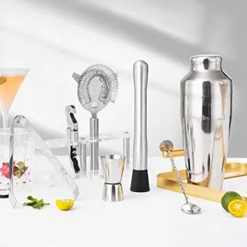 Btuqbu Cocktail Shaker Set with Arcylic Stand, Mixology Bartender Kit for Drink Mixing | Mixology Set with 7 Bar Set Tools Cocktail Kit (Silver)