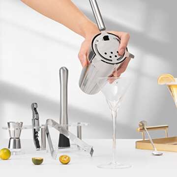 Btuqbu Cocktail Shaker Set with Arcylic Stand, Mixology Bartender Kit for Drink Mixing | Mixology Set with 7 Bar Set Tools Cocktail Kit (Silver)