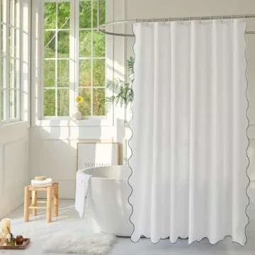 youngseahome White Fabric with Water Blue Scalloped Border Shower Curtain,Boho Chic Cloth Shower Curtain for Bathroom Showers,72 x 72 Inches