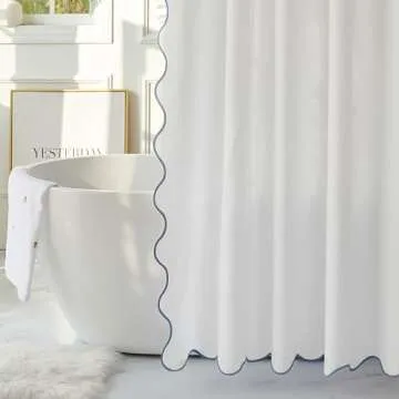 youngseahome White Fabric with Water Blue Scalloped Border Shower Curtain,Boho Chic Cloth Shower Curtain for Bathroom Showers,72 x 72 Inches